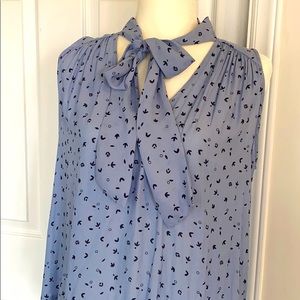 Free People Blue Floral Tie Neck Blouse